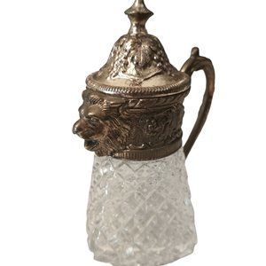 Vintage Diamond Cut Glass with Metal Lion Head Syrup Dispenser